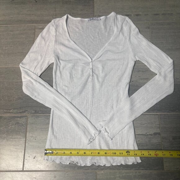 Michael Stars Ribbed Henley Long Sleeve Tee Scalloped Hem Cuffs White One Size - Picture 5 of 8